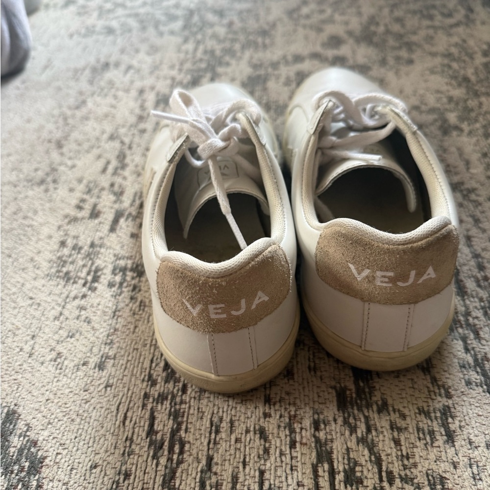 Veja White Leather Sneakers with Beige V Accent - Picture 3 of 4
